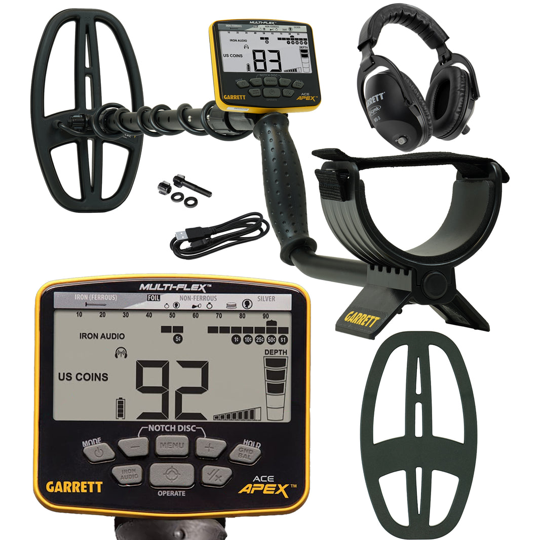 Garrett metal detector kit with a black and yellow detector with Multiflex coil, digital display control box, black headphones, mounting bracket, battery cable, and spare coil cover on a white background.