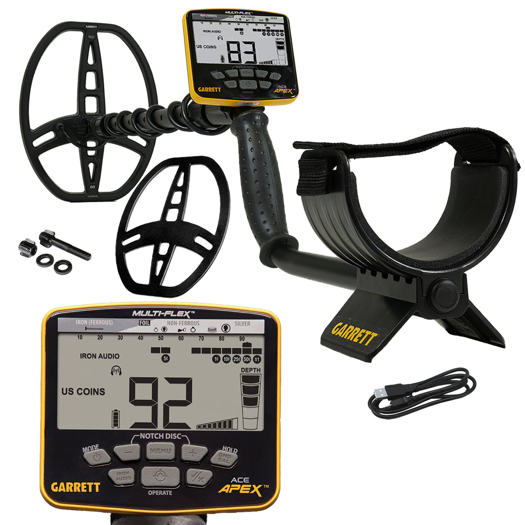 Garrett ACE Apex metal detector yellow and black with hardware, charger, and coil cover on white background.