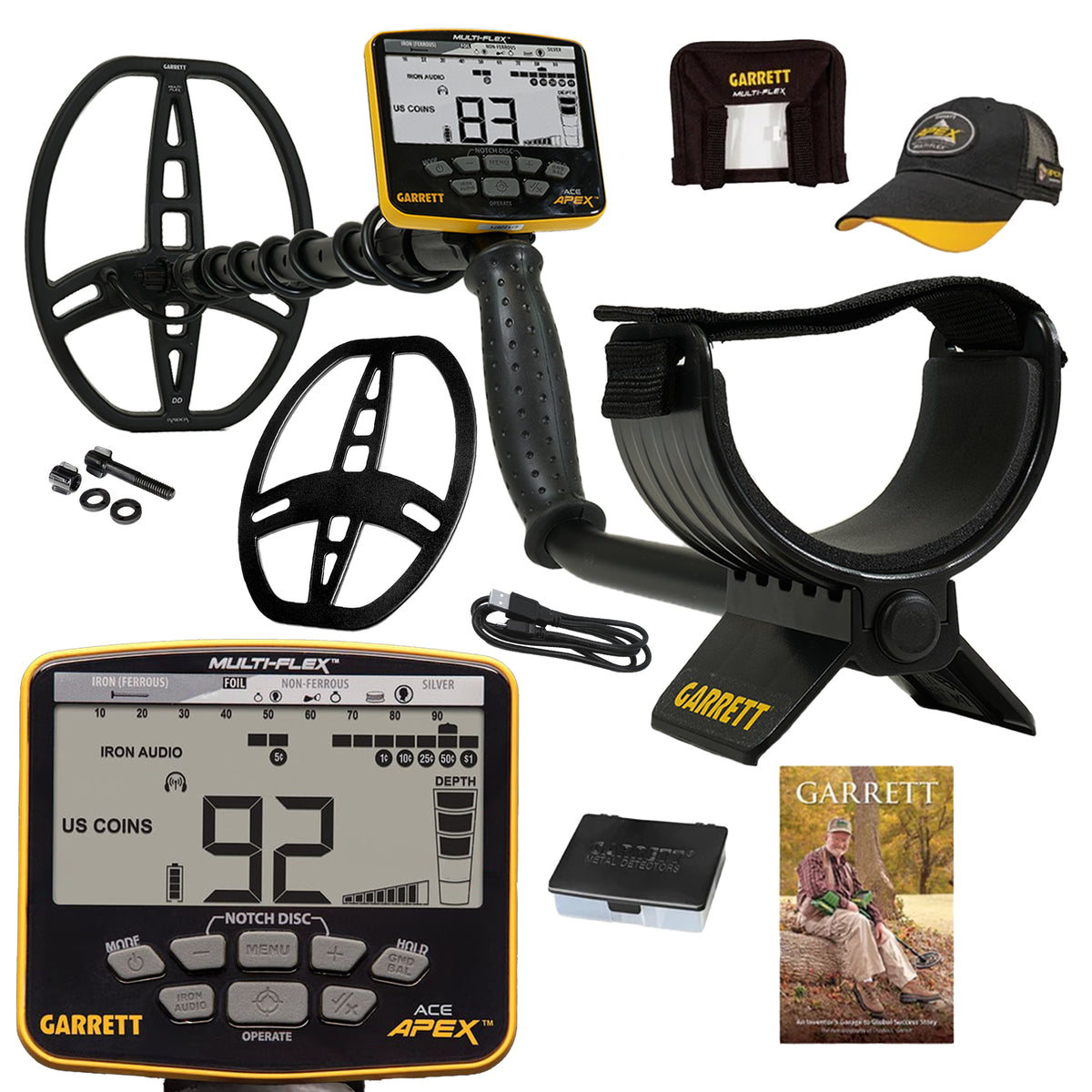 Garrett metal detector kit with a black and yellow Multi-Flex coil, digital control unit, carrying case, cap, accessories, and a booklet on a white background.