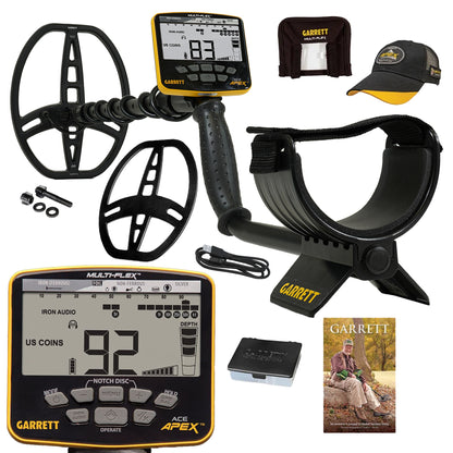 Garrett metal detector kit with a black and yellow Multi-Flex coil, digital control unit, carrying case, cap, accessories, and a booklet on a white background.
