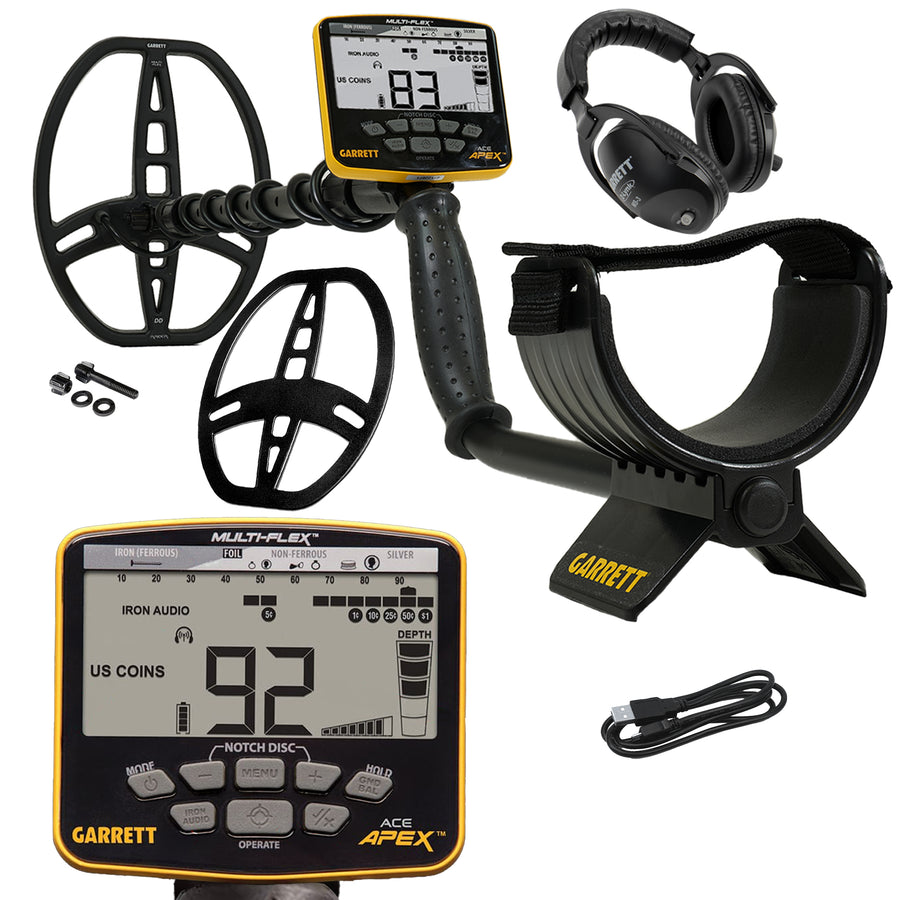 Garrett Ace Apex metal detector set with a black and yellow control box, coil cover, headphones, and cable on a white background.