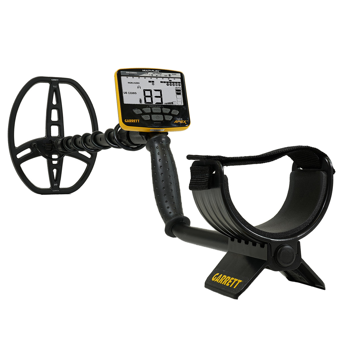 Garrett metal detector with a black coil, digital display screen, and black armrest with strap on a white background.