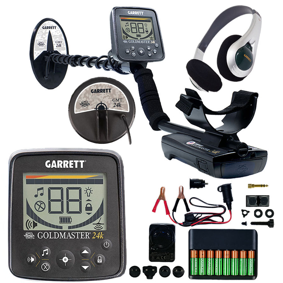 Garrett Goldmaster 24k metal detector complete kit with two coils, control box, headphones, batteries, and accessories
