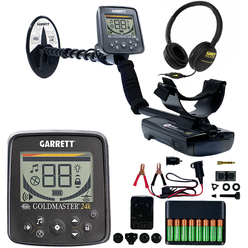 Garrett Goldmaster 24k kit: detector with 6 x 10 inch DD coil, Clearsound headphones, control box close-up, 8 AA NiMH batteries, charger and vehicle cable