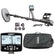 Garrett Axiom metal detector set with a gray and black coil, digital control display, four ground wall adapters, a USB cable, and a black zippered carrying case on a white background.