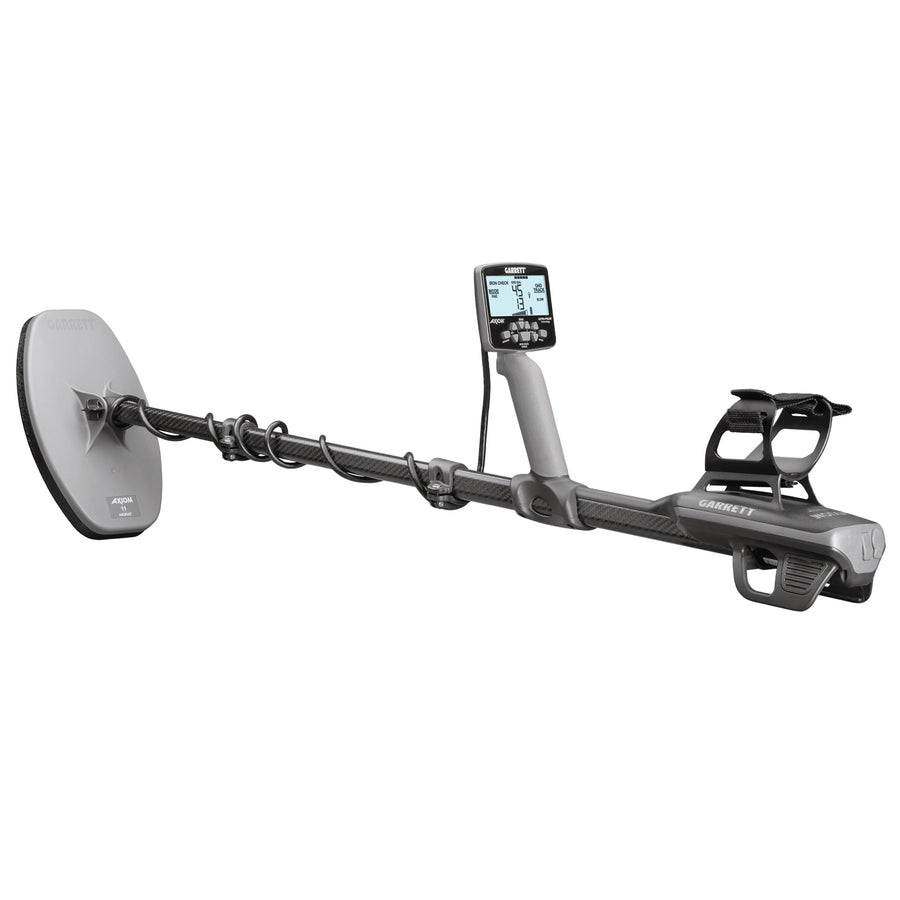 A handheld metal detector with a large circular coil, long shaft, digital display screen, and armrest, shown against a plain white background.