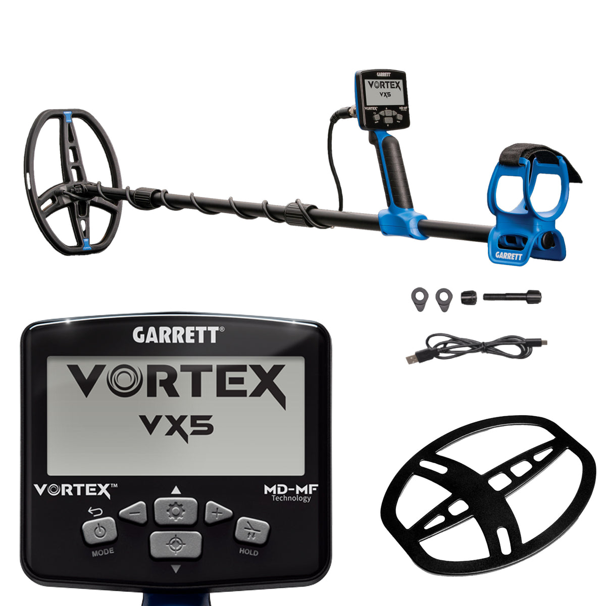 Garrett Vortex VX5 metal detector complete system with control box, shaft, blue armrest, search coils, accessories and USB cable