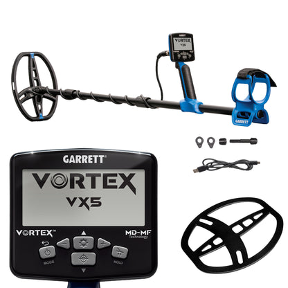 Garrett Vortex VX5 metal detector complete system with control box, shaft, blue armrest, search coils, accessories and USB cable