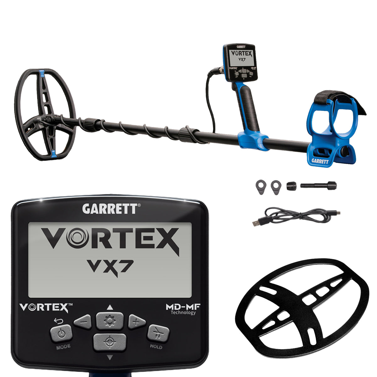 Garrett Vortex VX7 multi-frequency metal detector with 8.5 x 11 inch DD coil and blue control housing