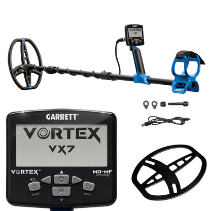 Garrett Vortex VX7 multi-frequency metal detector with 8.5 x 11 inch DD coil and blue control housing