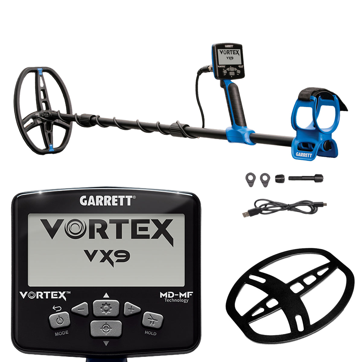 The Garrett Vortex VX9 metal detector with blue and black shaft and 8.5 by 11 inch DD Raider search coil is shown with insets of the control pod, charge cable, skid plate and hardware, on a white background.