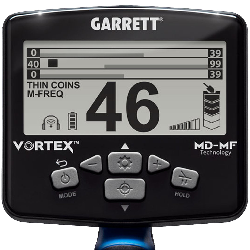 The Garrett Vortex VX9 control box displaying three-tier MD-MF target ID with THIN COINS mode active.