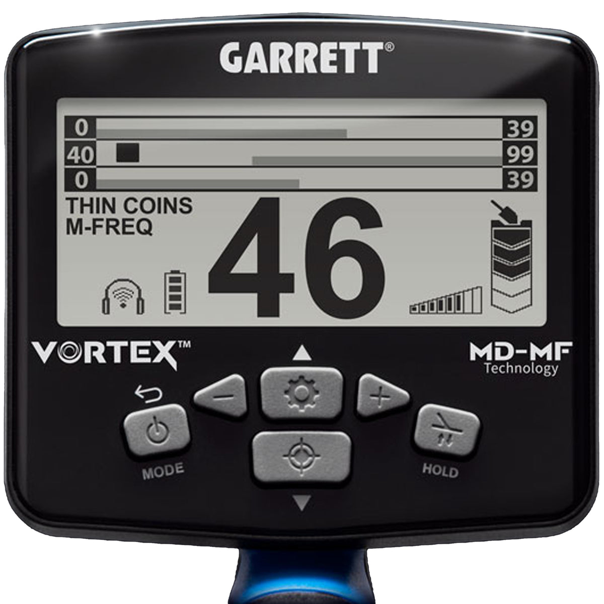 The Garrett Vortex VX9 control box displaying three-tier MD-MF target ID with THIN COINS mode active.