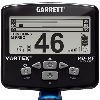 The Garrett Vortex VX9 control box displaying three-tier MD-MF target ID with THIN COINS mode active.