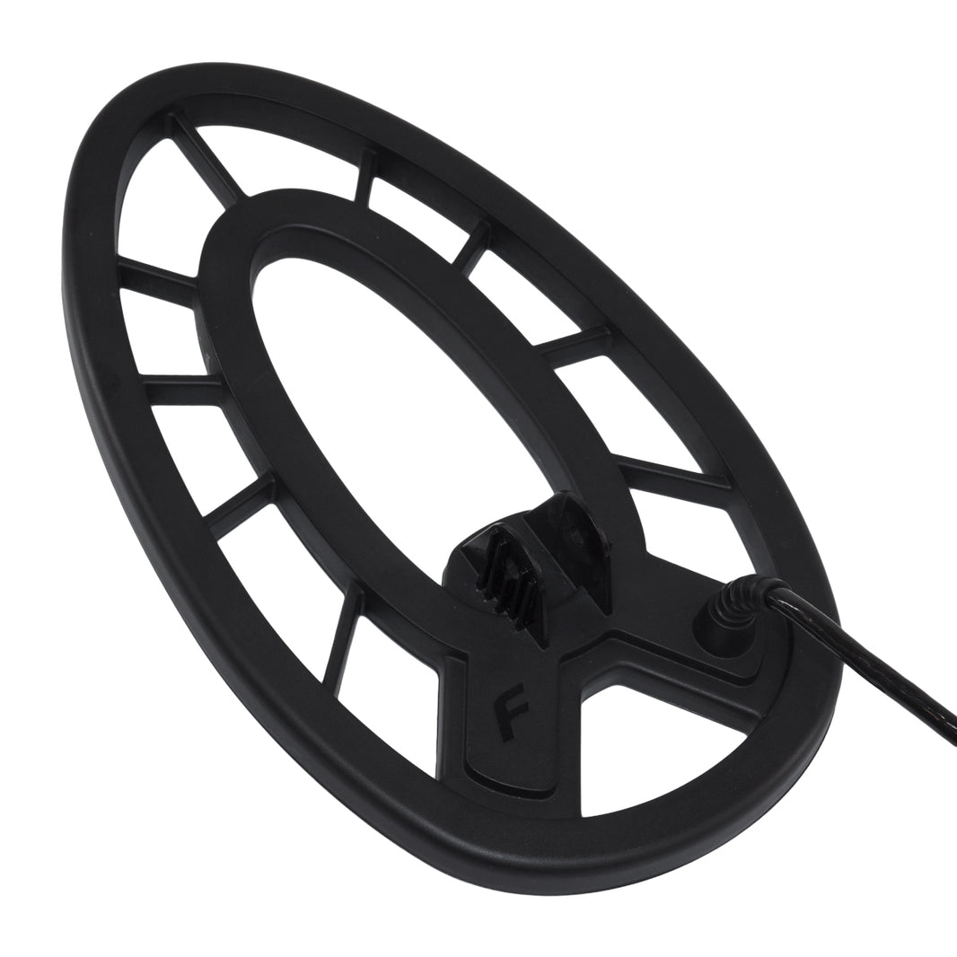 Fisher 11-inch black concentric teardrop search coil with screw-in connector for F11 F22 F44 F5 metal detectors