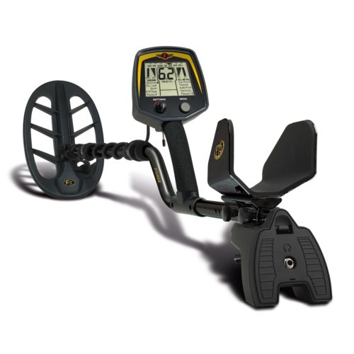 Fisher F75 LTD black detector assembled showing S-rod handle and armrest