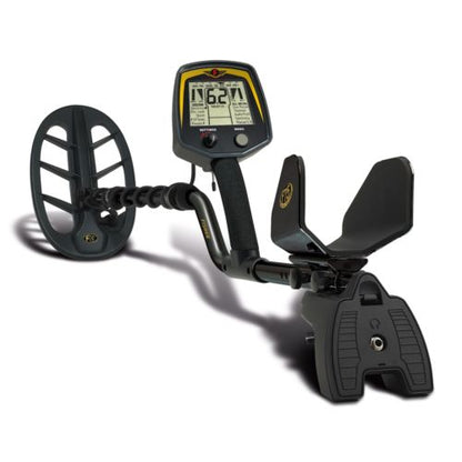 Fisher F75 LTD black detector assembled showing S-rod handle and armrest