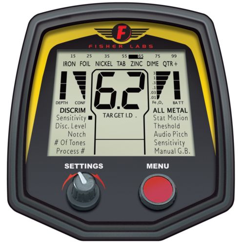 Fisher F75 control panel with LCD target ID display, settings knob, and menu button