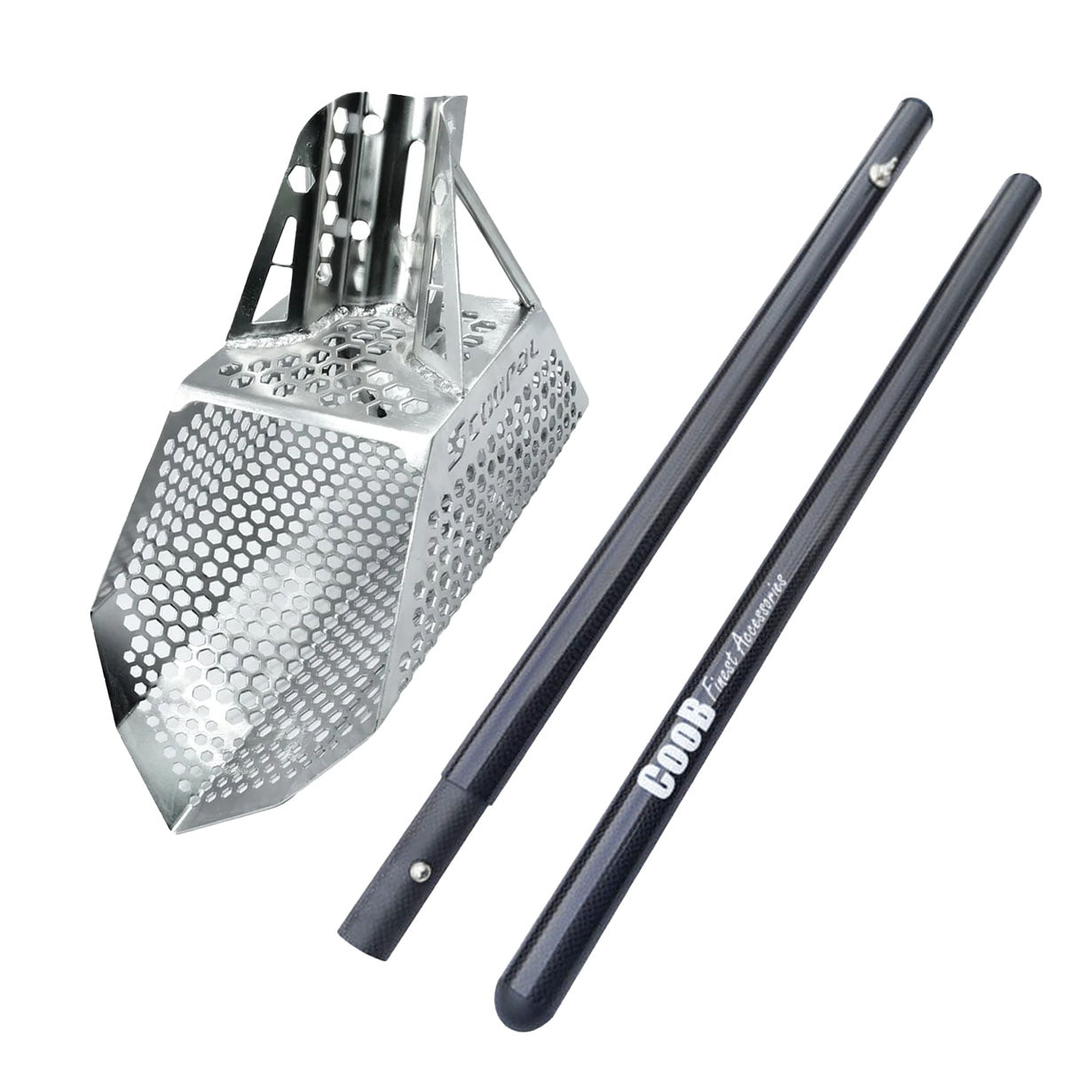 The Quest Scoopal Sand Scoop is shown with the 2-piece Carbon Fiber Pole against a white background. 