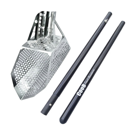 The Quest Scoopal Sand Scoop is shown with the 2-piece Carbon Fiber Pole against a white background. 