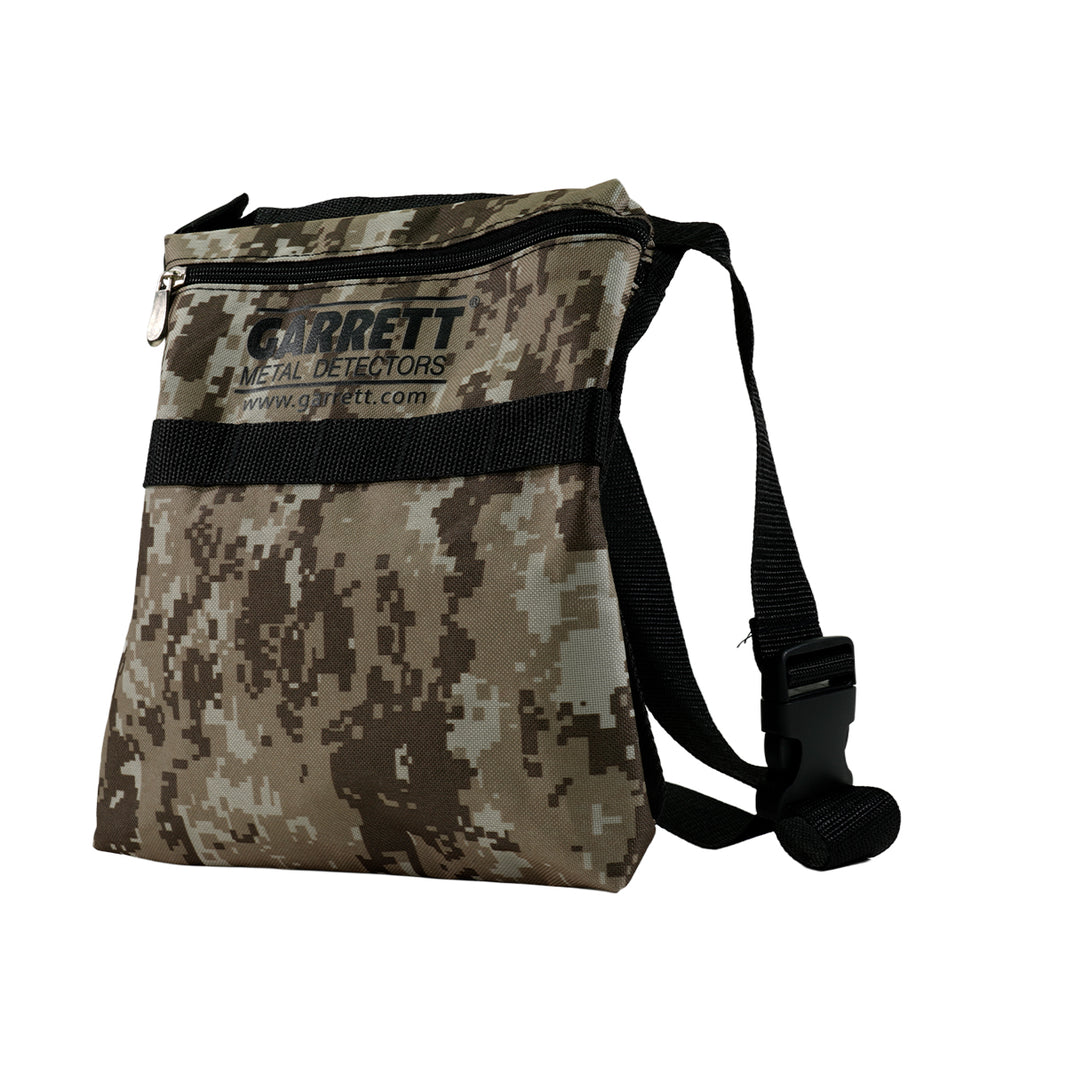 Garrett camo canvas finds pouch with dual zippered pockets and MOLLE webbing grid for pinpointer attachment