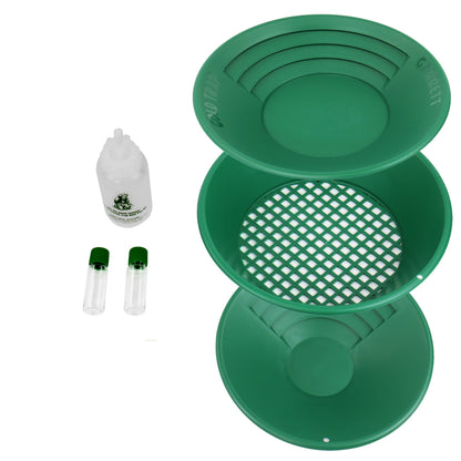 The Garrett Gold Panning Kit components, including 14-inch Gold Trap Pan, 14-inch Classifier/Sifter, 10-inch Backpacker Pan, Gold Guzzler bottle, and two storage vials.
