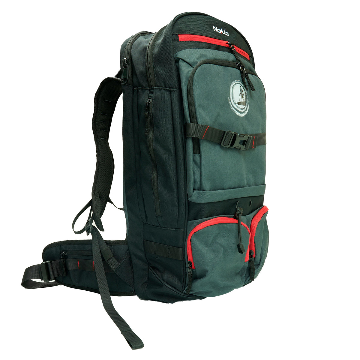Nokta Detectobag outdoor backpack with dual compartments and red accents for metal detector storage