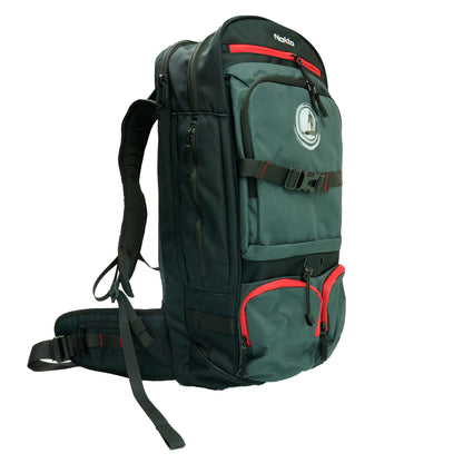 Nokta Detectobag outdoor backpack with dual compartments and red accents for metal detector storage
