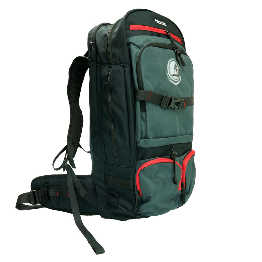 Nokta Detectobag outdoor backpack with dual compartments and red accents for metal detector storage