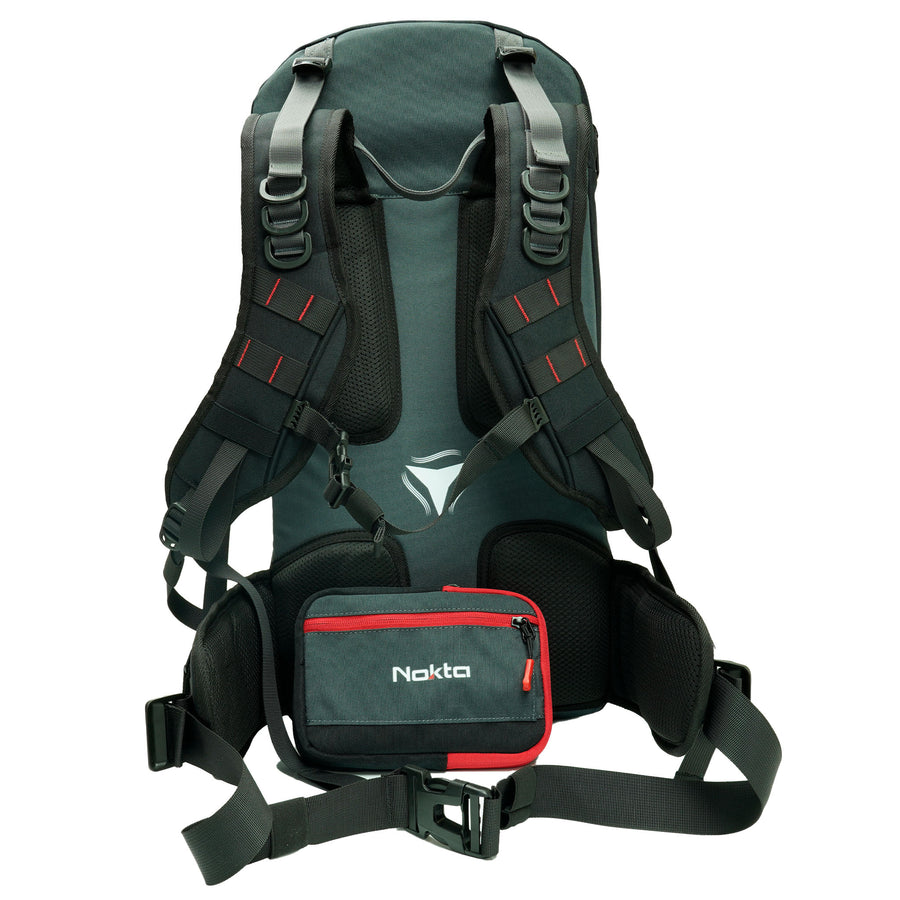 Nokta backpack main compartment open showing metal detector storage space