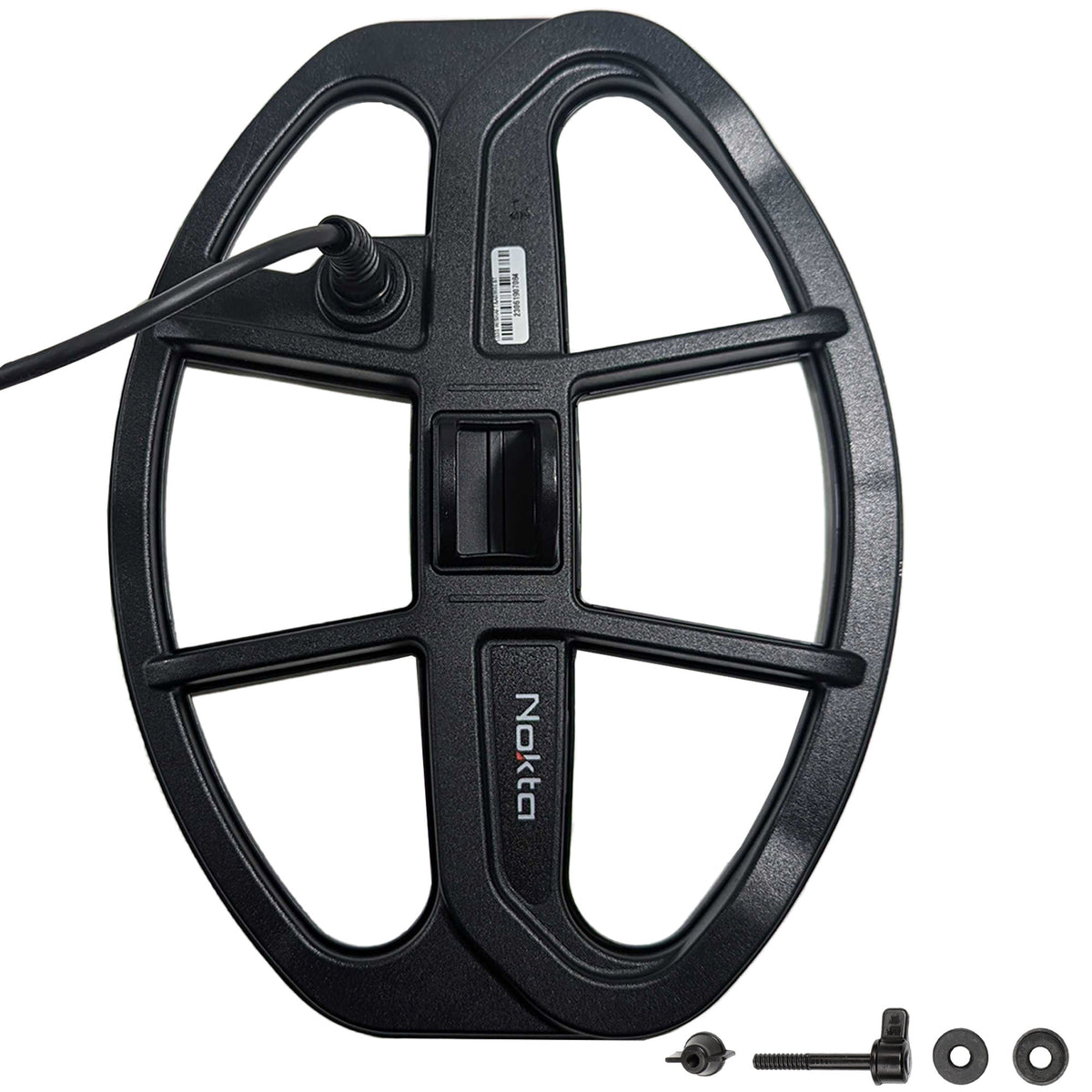 Nokta LG30 coil showing elliptical shape and waterproof connector