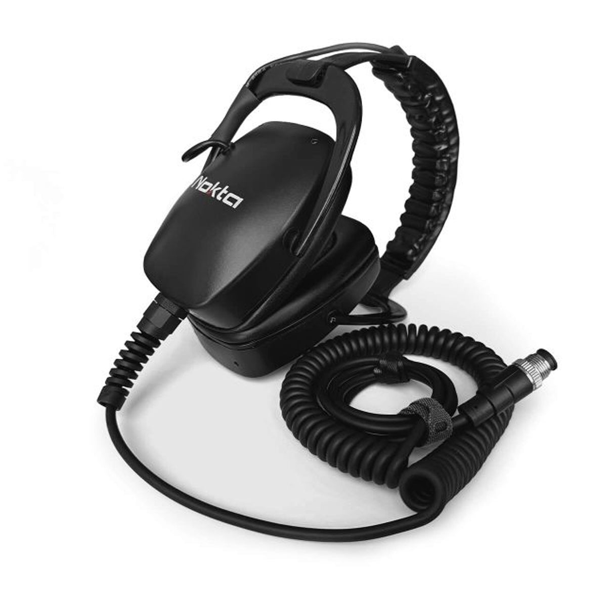 Black Nokta waterproof headphones with coiled cable on a white background
