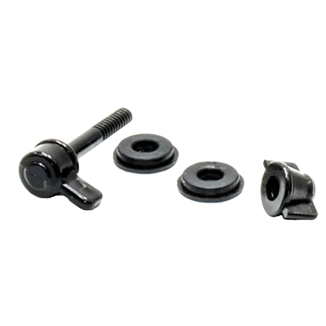 black Nokta 28R coil mounting hardware components including a bolt, 2 washers, and a nut for Legend and Simplex metal detectors on a white background