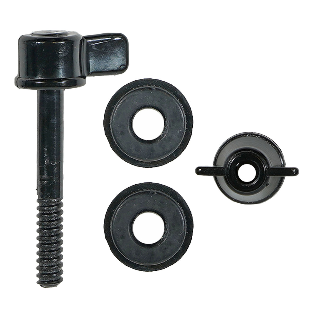 black Nokta 28R coil mounting hardware components including a bolt, 2 washers, and a nut for Legend and Simplex metal detectors on a white background