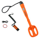orange Scuba metal detector with two black lanyards, a charge cord, and washer on white background