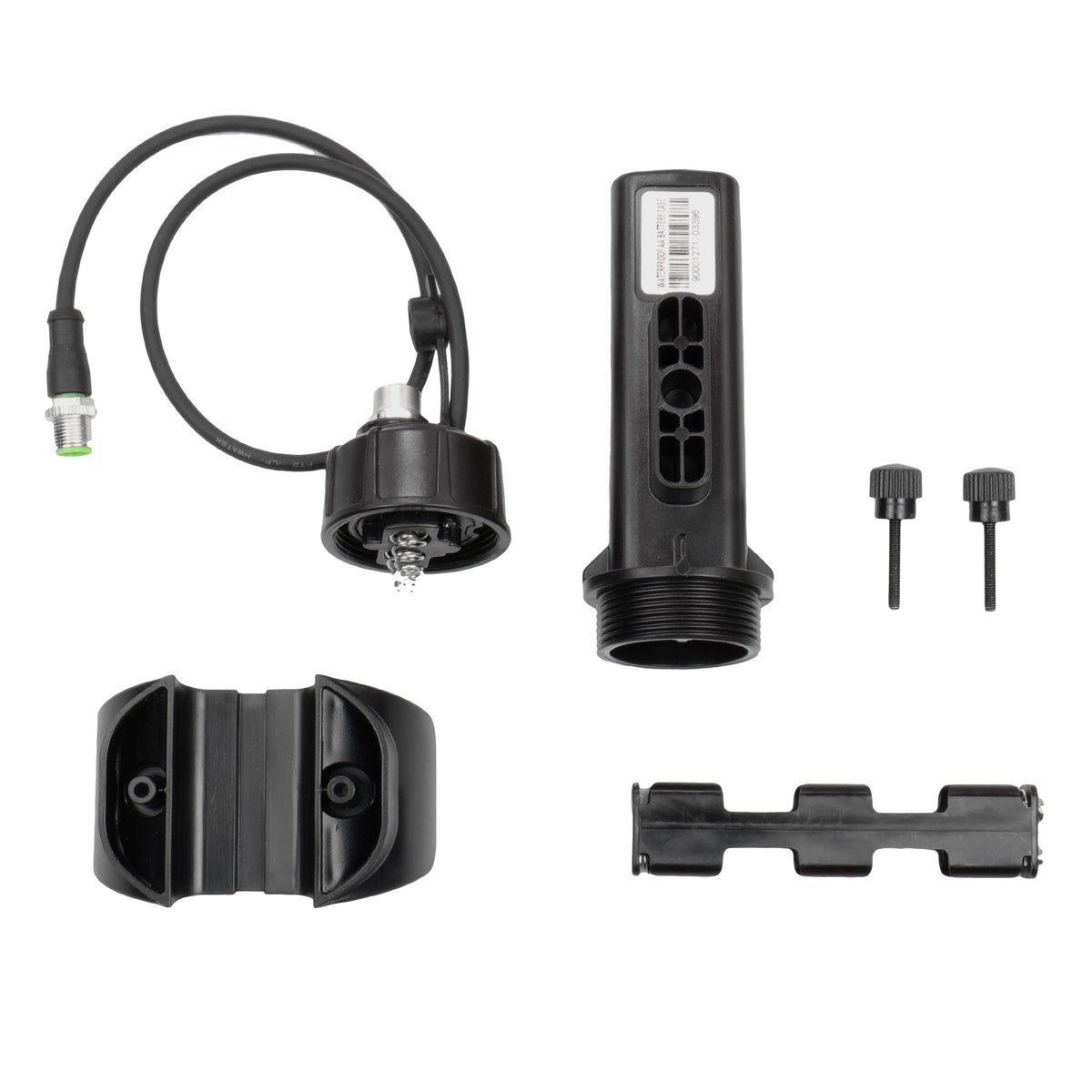 black Nokta Kruzer Anfibio Detector External Waterproof 4 x AA Battery Pack Case with components on white background