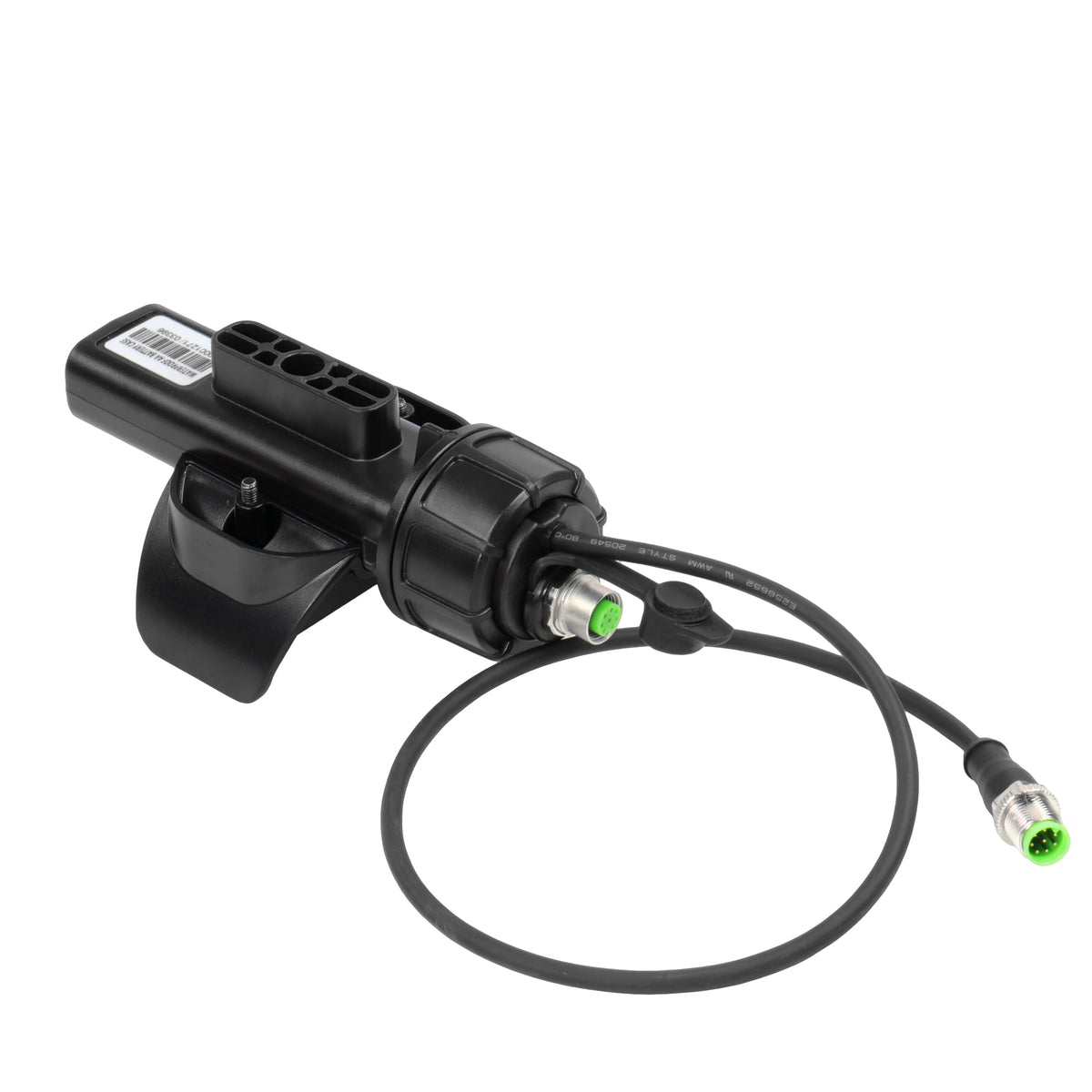 A black metal detector battery pack with a short cable and green connector, photographed on a plain white background.