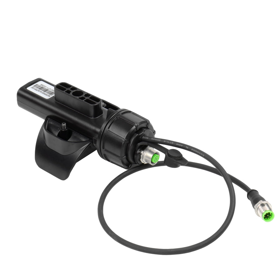A black metal detector battery pack with a short cable and green connector, photographed on a plain white background.