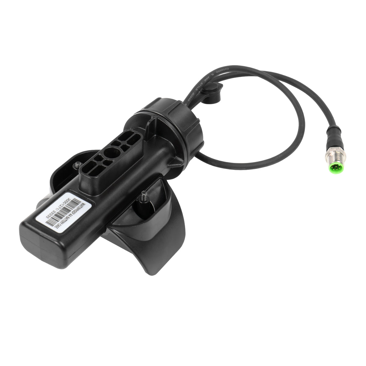 A black battery case  with an attached black cable and a small green connector, shown on a plain white background.