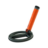 An orange handheld metal detector with a black coil base, shown on a plain white background.