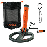 A Quest metal detector set on a white background, including an orange and black metal detector with a large 8 inch coil, a black mesh drawstring bag with orange Quest branding, a black wrist strap, a black lanyard, and a charge cord