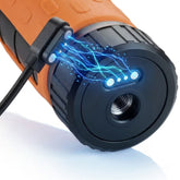 Close-up of an orange and black metal detector charger and charge hole and glowing blue electric effect graphics on a white background.