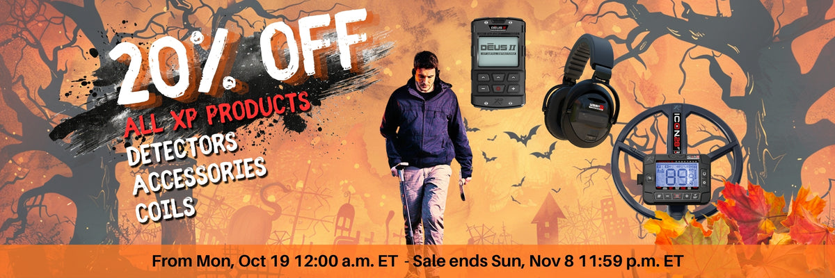 A promotional banner for 'All XP Products' featuring a 20% off sale. The banner includes a man walking, a black handheld device, a pair of black headphones, and a metal detector coil against a spooky orange and black Halloween-themed background with trees and bats.