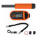 A metal detector kit on a white background, including an orange and black QUEST metal detector, an orange and black holster case, a black coiled lanyard with clasp, a red O-ring, and two black caps.