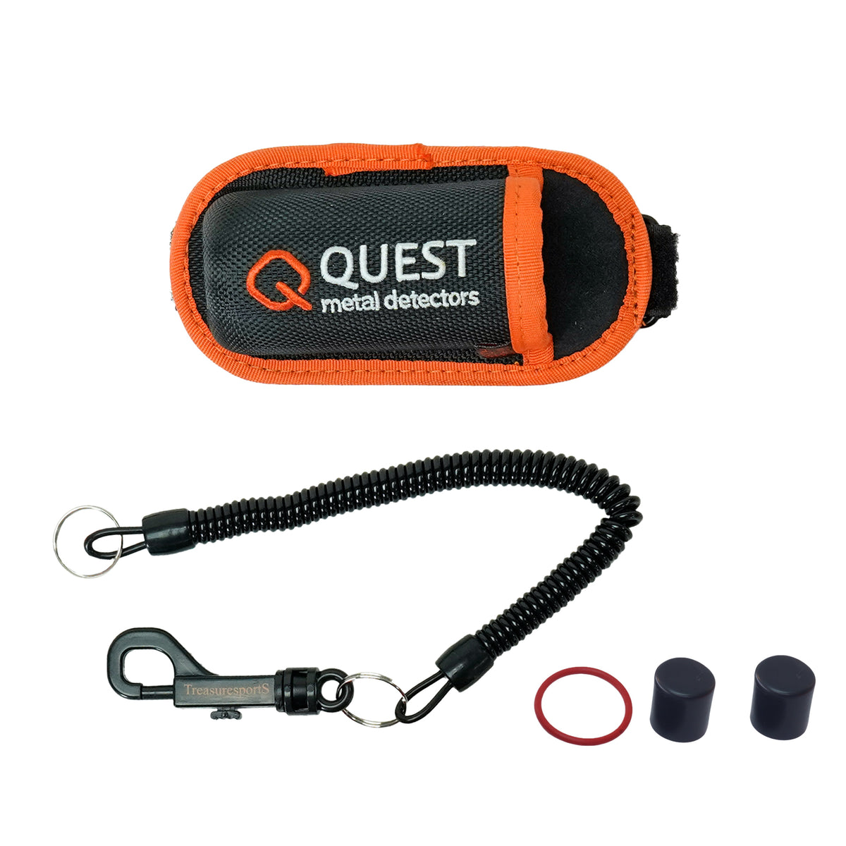 A Quest metal detectors accessory kit on a white background, including an orange and black holster, a black lanyard wrist strap with a carabiner, a red O-ring, and two black rubber caps.