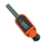 A black and orange metal detector in a black and orange protective holster, with the brand name 'QUEST metal detectors' clearly visible on the front.