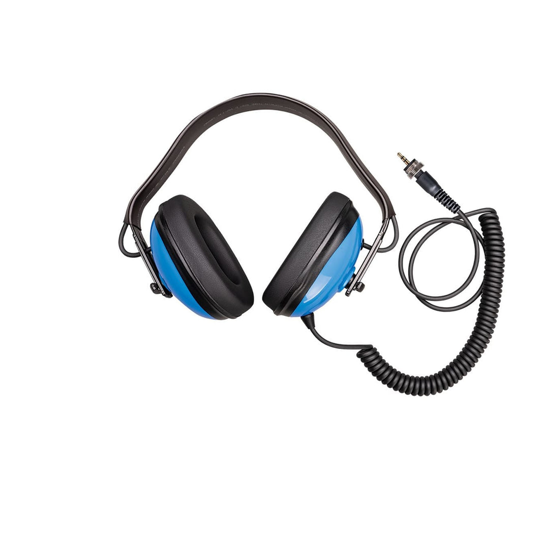 Blue and black Waterproof headphones with coiled cable on a white background