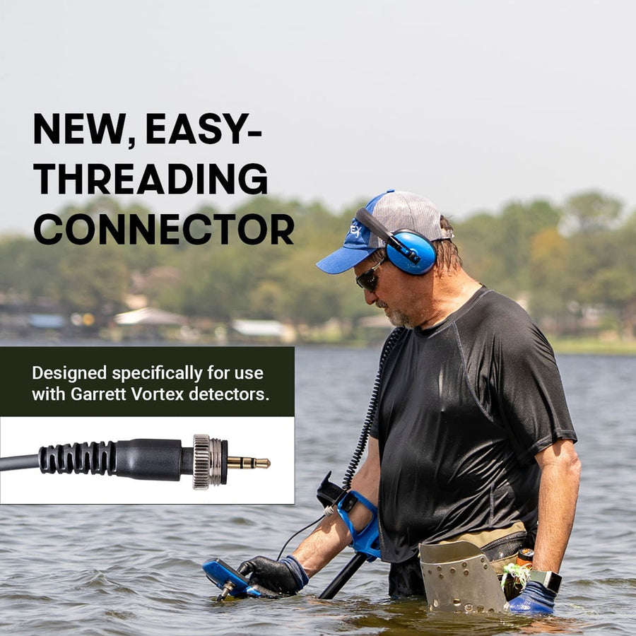 Man using a Garrett Vortex metal detector in water with text about a new connector for Garrett Vortex detectors.