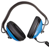 Headphones with blue ear cups and black padding on a white background