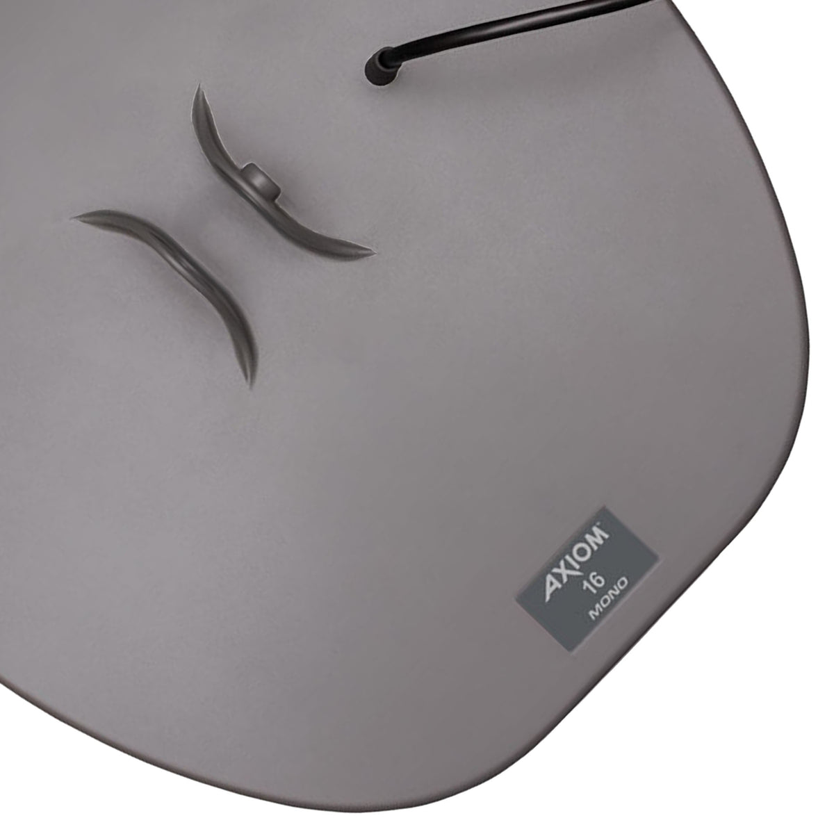 Close-up of the Garrett Axiom 16 x 14 inch Mono search coil mounting ears, cable and Axiom 16 Mono label